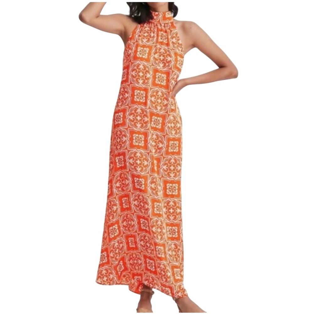 Ann Taylor Orange White Medallion Print Maxi Dress Sleeveless Resort Size L